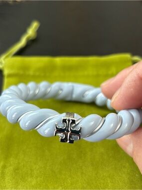Tory Burch Twisted Pale Blue Resin Bracelet with Silver Logo